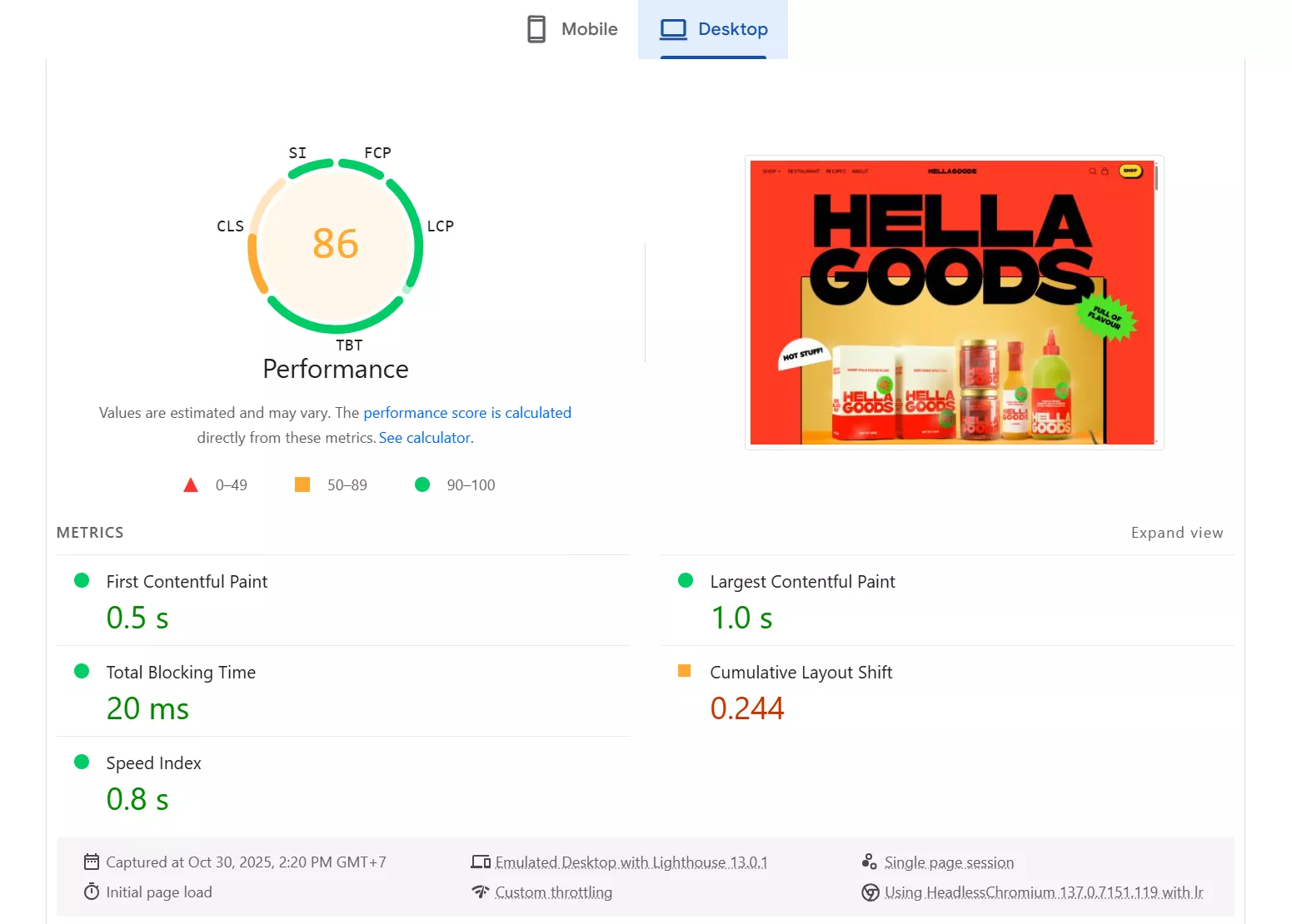 shapes pagespeed insight score