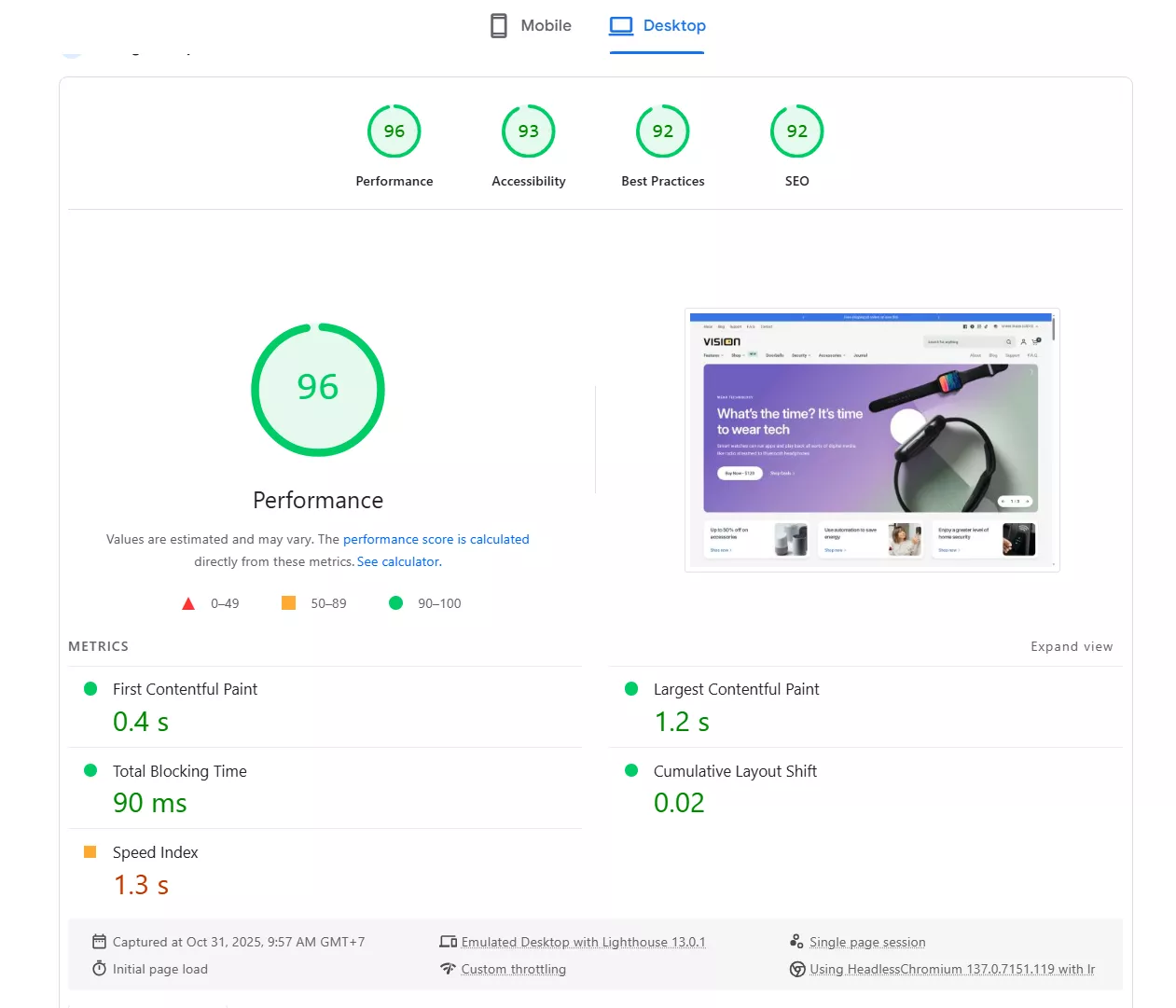 vision theme pagespeed insight score
