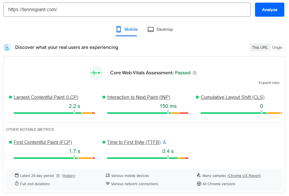 Warehouse theme's Core Web Vitals test result