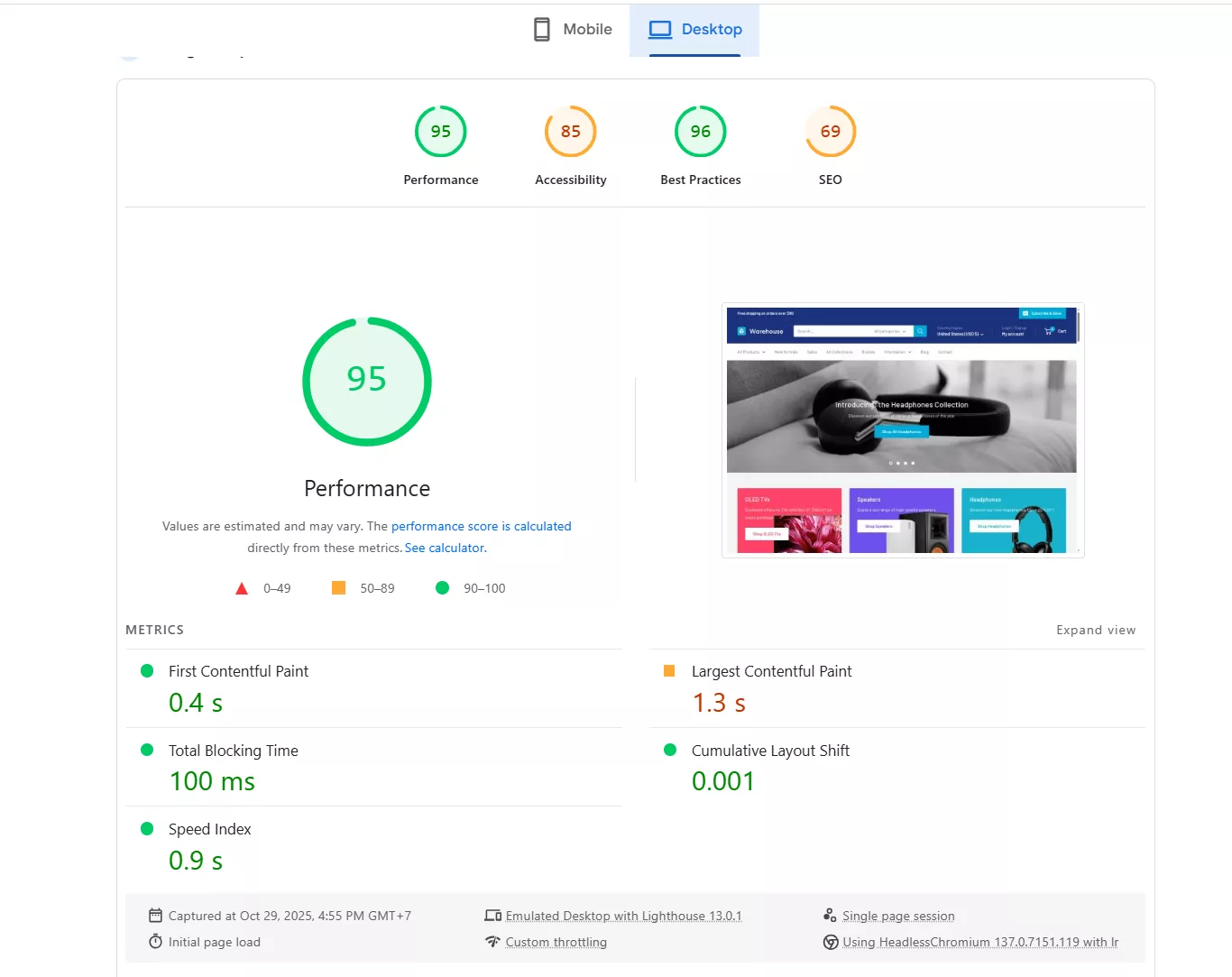 warehouse theme pagespeed insight