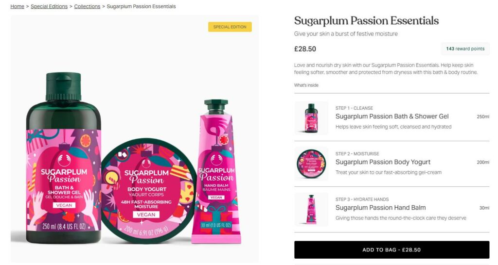 The Body Shop's cross-selling feature on website near Christmas