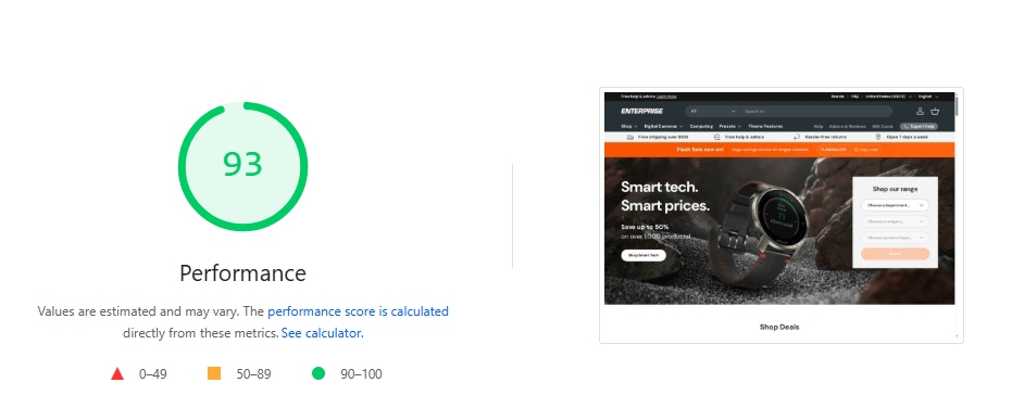 Shopify Enterprise Theme speed performance test result