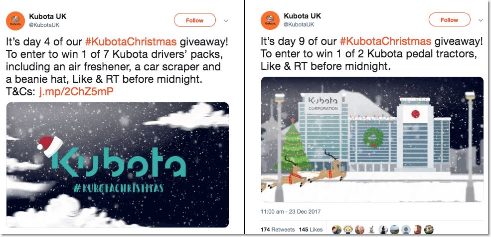 Kubota's Twitter giveaway posts