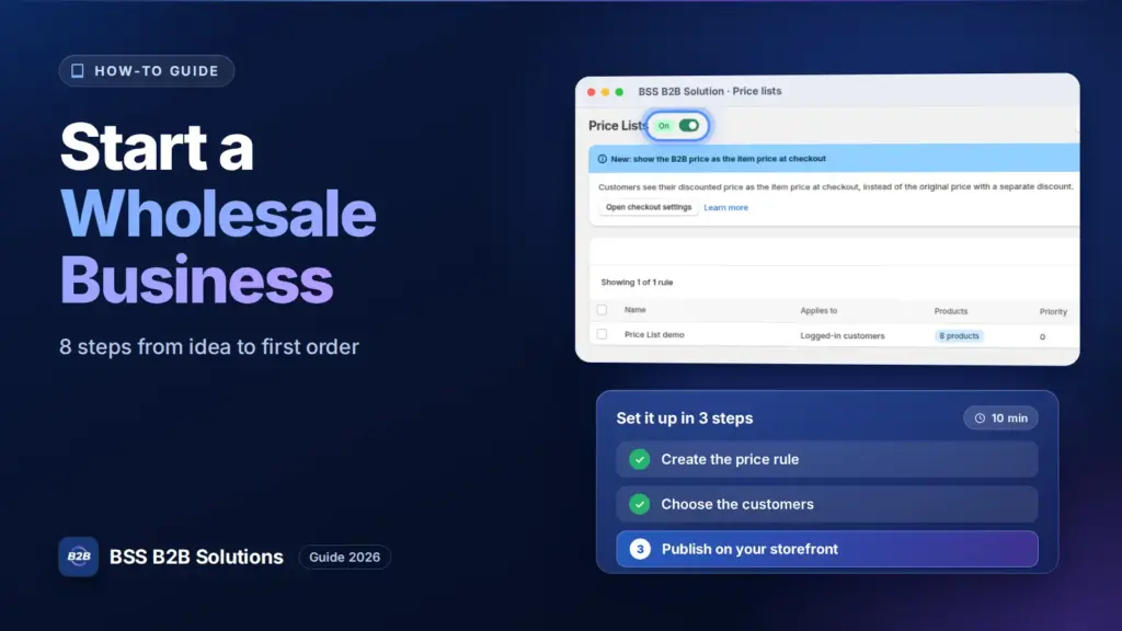 BSS B2B Solution admin price list screen with a three step checklist. Cover for: How to Start a Wholesale Business in 2026: 8 Steps From Idea to First Order