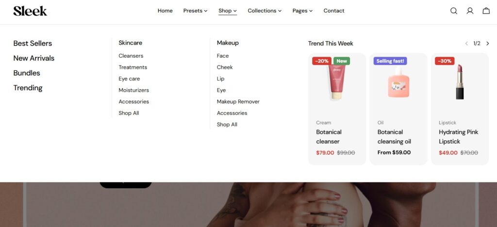 Mega menu in Sleek theme Shopify 