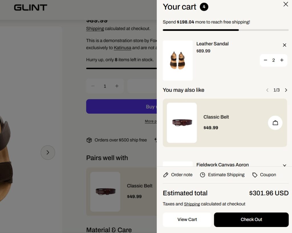 Slide-out cart and cross-selling feature in Sleek theme Shopify 