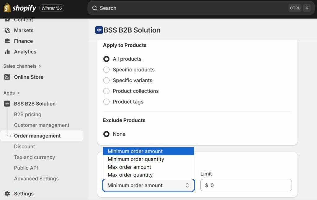 Use BSS B2B Solution to set up MOQ on Shopify
