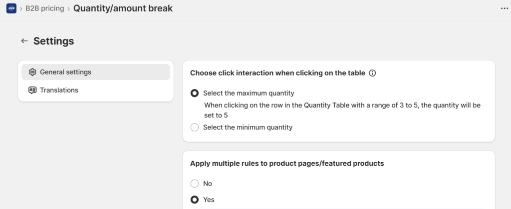 quantity/amount pricing table settings