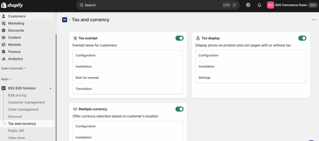 Use BSS B2B Solution to manage tax and currency on Shopify