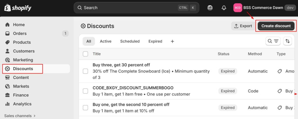 step 1: go to shopify discounts