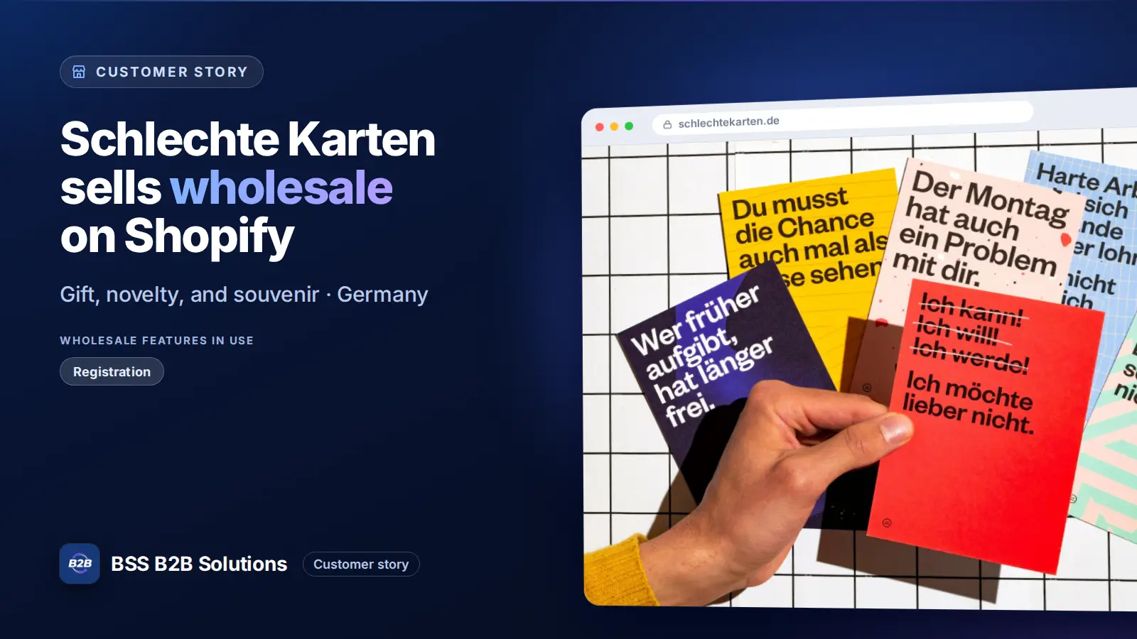 Browser window showing the merchant storefront, Schlechte Karten sells wholesale on Shopify. Cover for: Schlechte Karten: Launch a robust Shopify B2B storefront on Basic plan