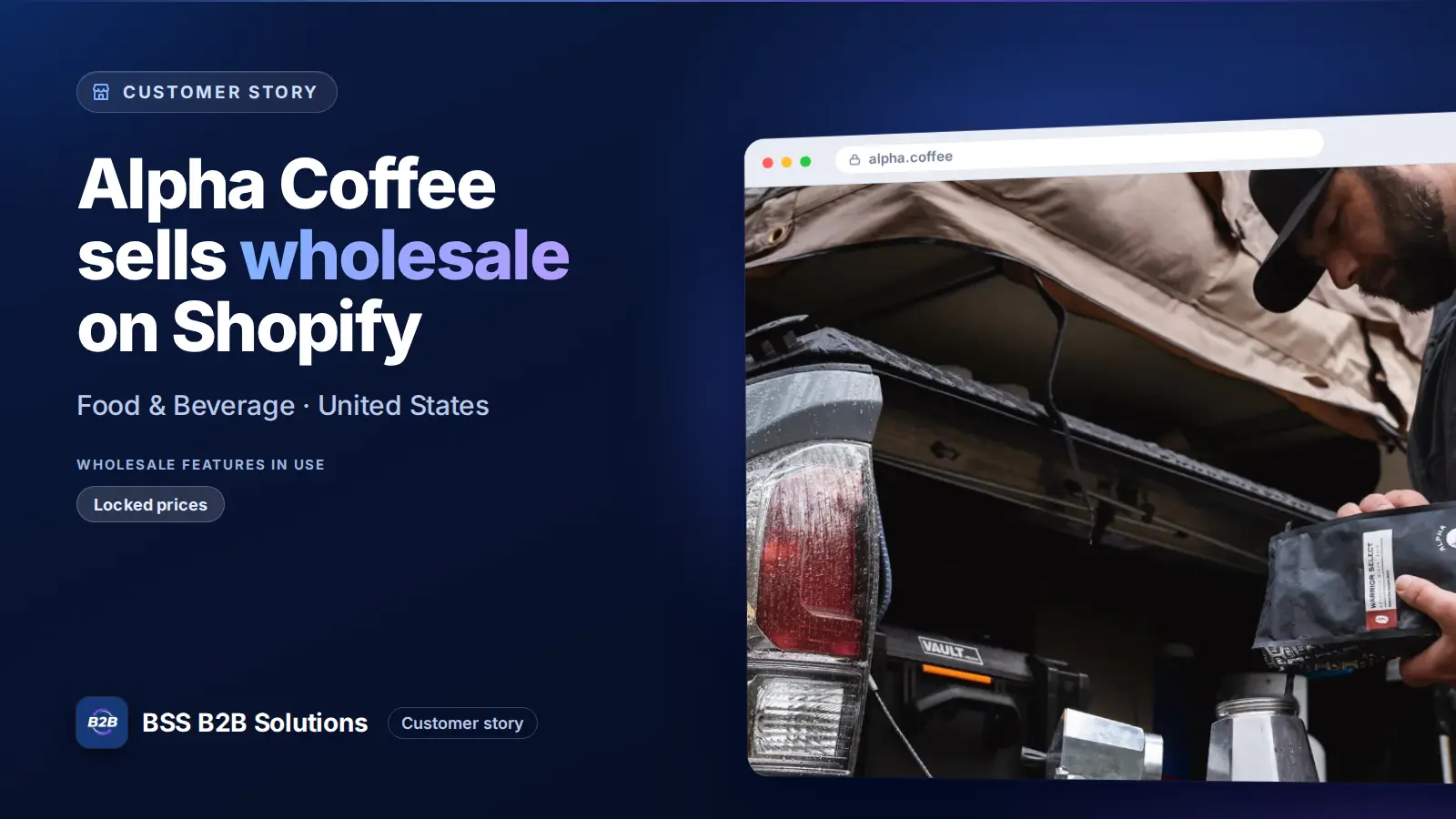 Browser window showing the merchant storefront, Alpha Coffee sells wholesale on Shopify. Cover for: How Alpha Coffee Built a Scalable Self-Service Wholesale Channel With BSS B2B Solutions