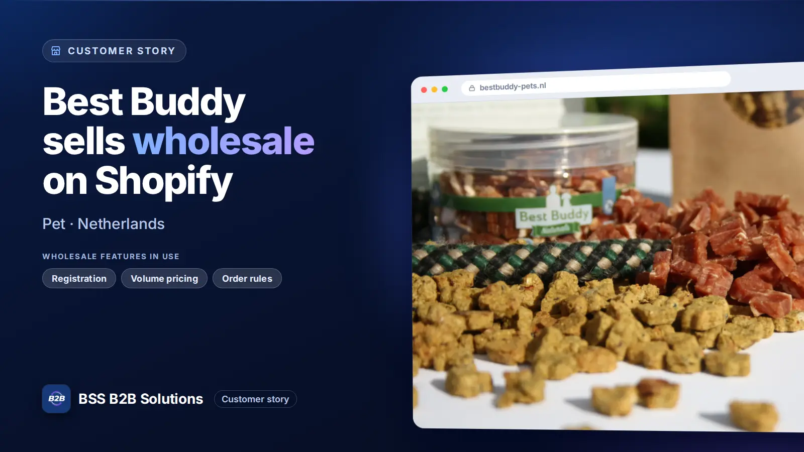 Browser window showing the merchant storefront, Best Buddy sells wholesale on Shopify. Cover for: How Best Buddy Natural pet food brand brings standardized B2B processes into their Shopify store