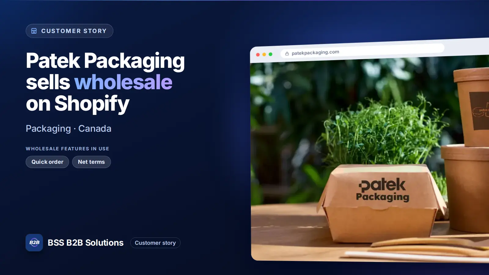 Browser window showing the merchant storefront, Patek Packaging sells wholesale on Shopify. Cover for: How Patek Packaging Managed 1,000+ Individualized B2B Orders with BSS B2B Solutions