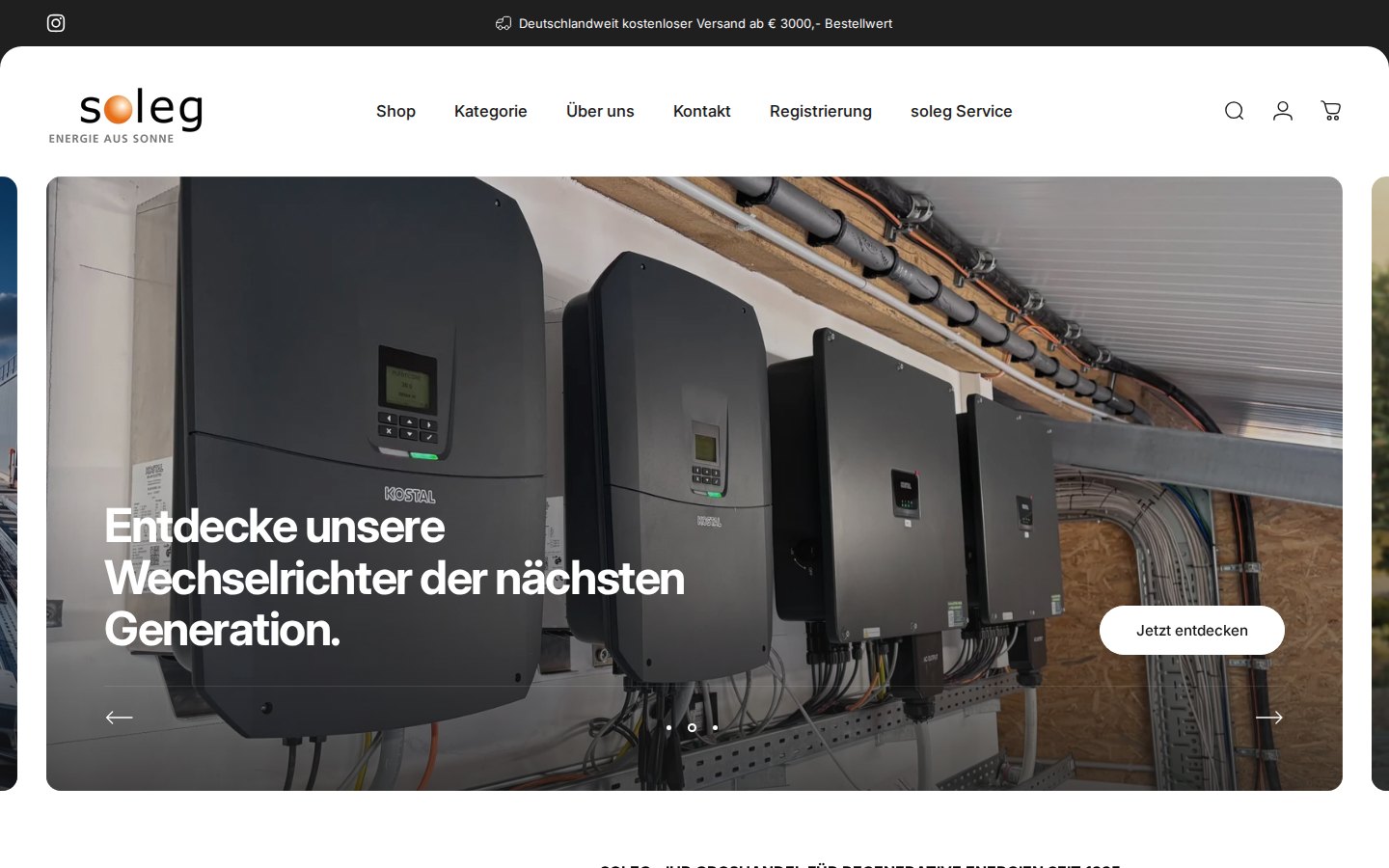 soleg home page with a hero slider about next-generation inverters and a German navigation menu including a Registrierung link