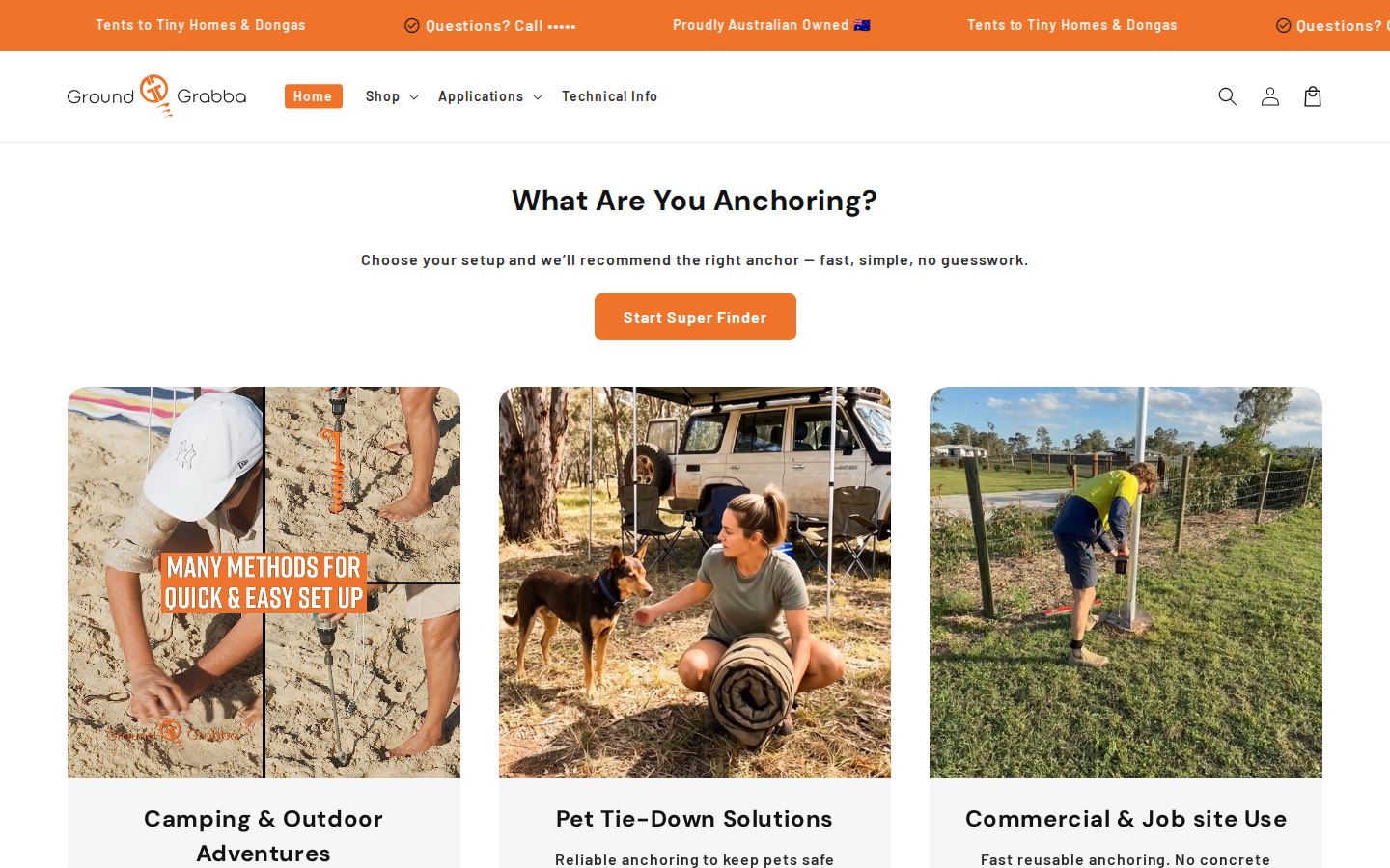 GroundGrabba AU home page with the question What are you anchoring and three tiles for camping, pet tie-down and commercial use