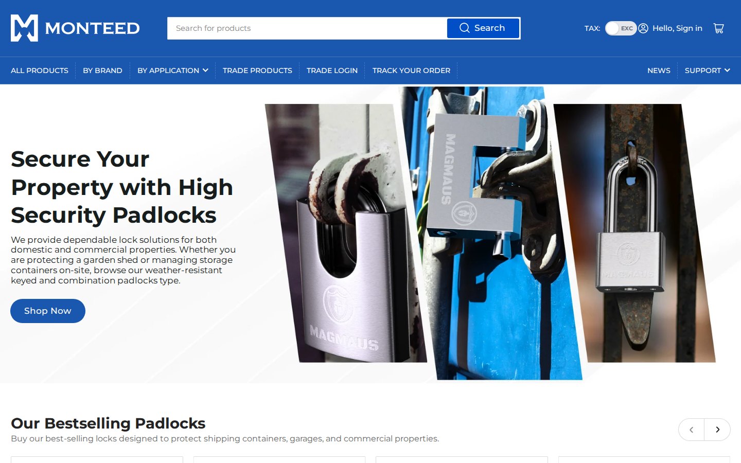 Monteed home page with a hero banner about high security padlocks and a blue navigation menu including Trade Products and Trade Login