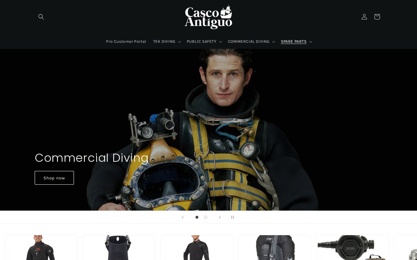 Casco Antiguo USA home page with a Commercial Diving hero banner and a menu that starts with Pro Customer Portal