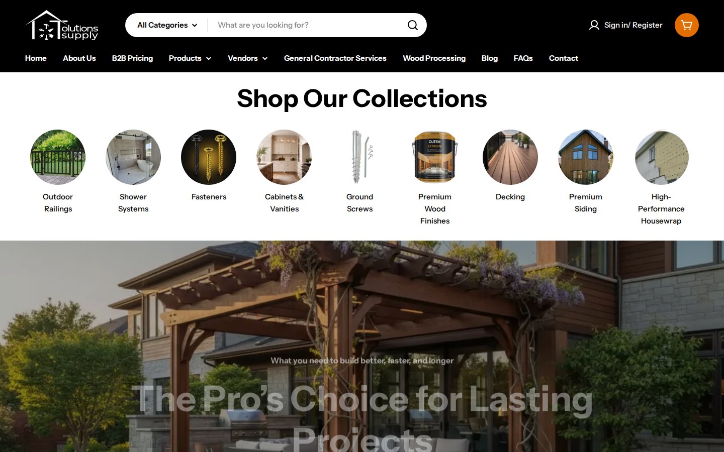 Tolutions Supply home page with a Shop Our Collections row for railings, shower systems, fasteners, cabinets, ground screws, wood finishes, decking, siding and housewrap