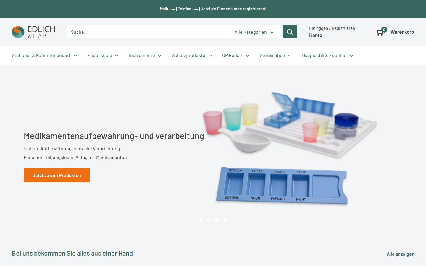 Edlich & Habel storefront home page with a hero banner for medication storage products and a German category menu