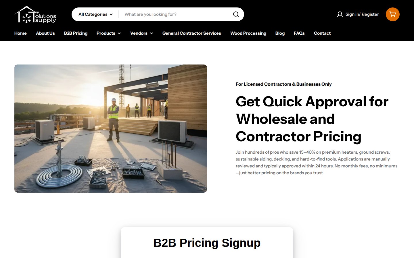 Tolutions Supply B2B Pricing page headline for licensed contractors and businesses with a signup form below