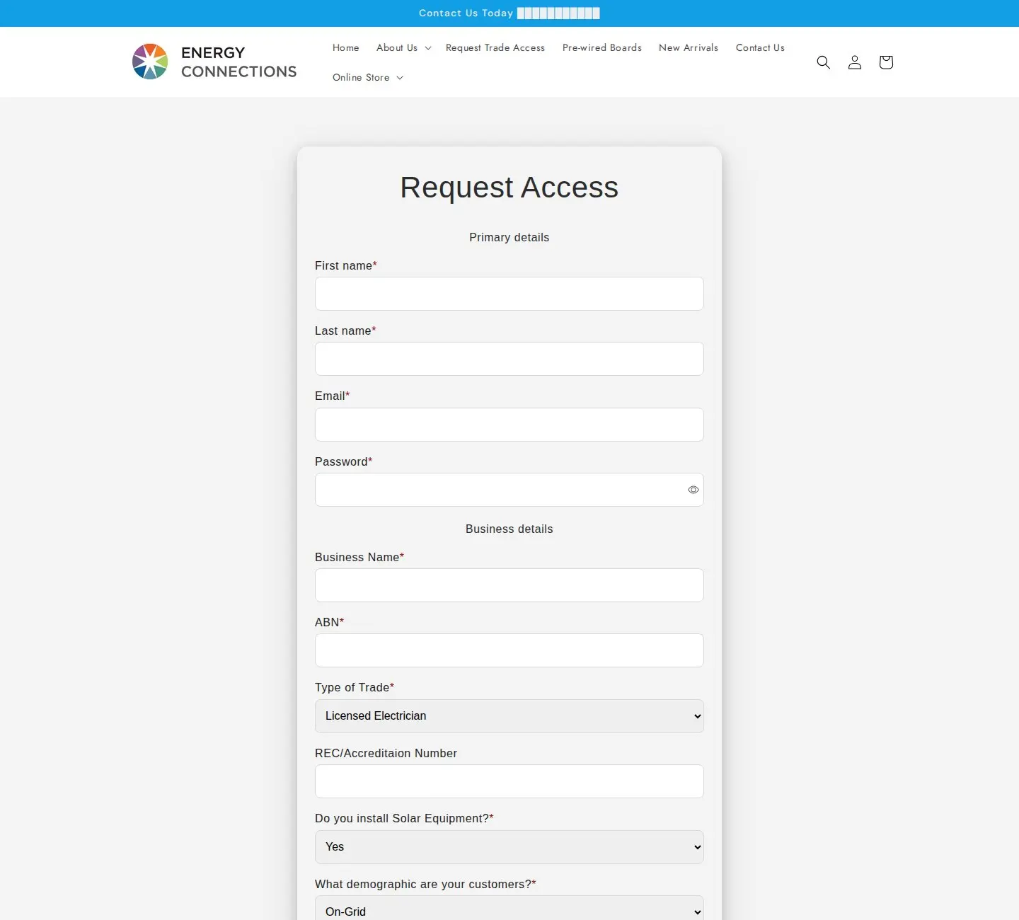 Energy Connections Request Access form with business details, type of trade and accreditation number fields