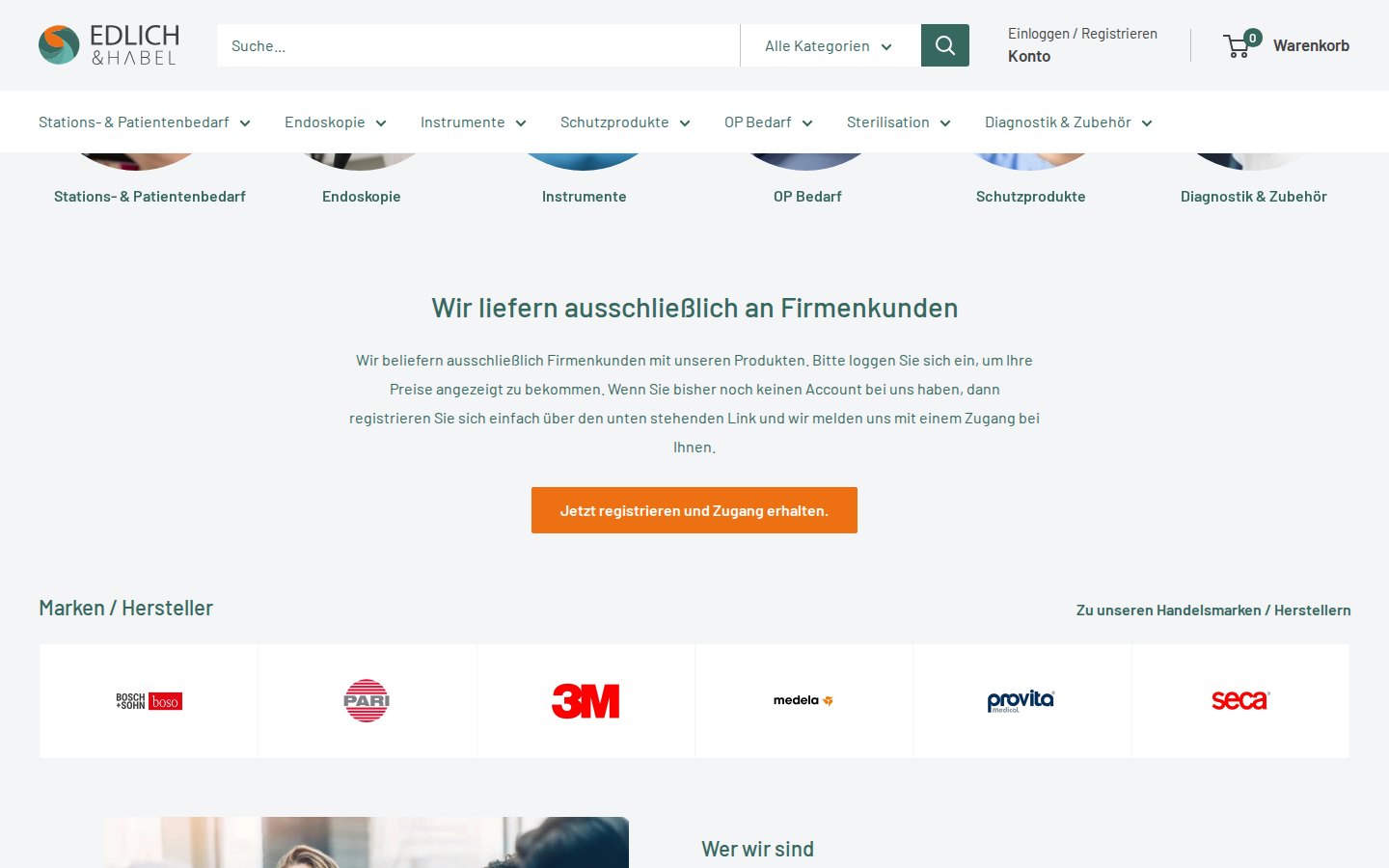Home page section of the Edlich & Habel store explaining that it only supplies business customers and offering a registration button
