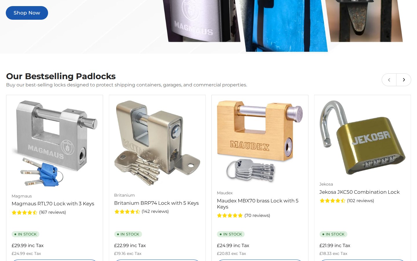 Monteed bestselling padlocks section showing each price with and without tax
