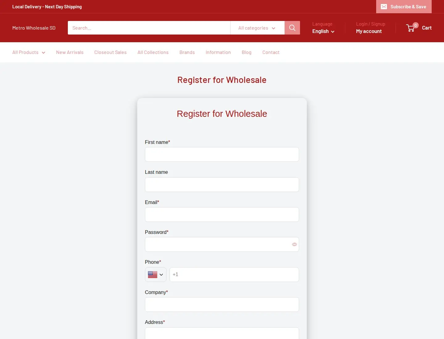 Metro Wholesale SD Register for Wholesale page with name, email, password, phone, company and address fields