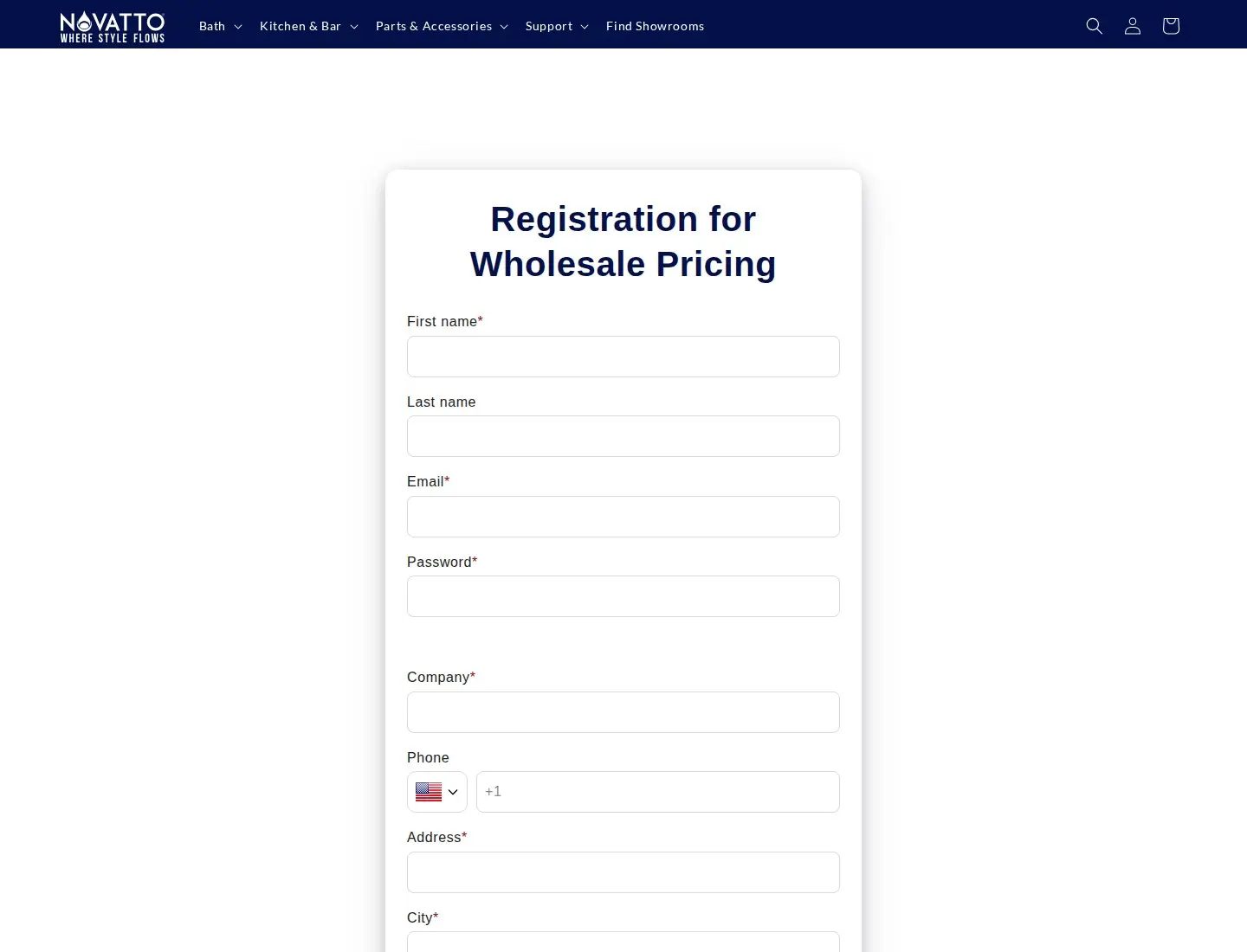 Novatto Registration for Wholesale Pricing form with name, email, password, company, phone and address fields