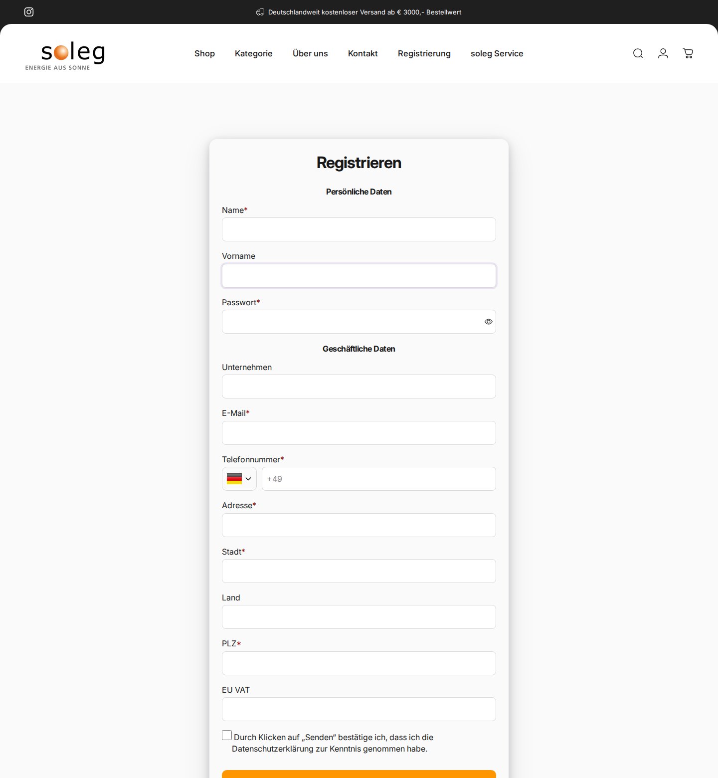 soleg registration form with personal data and business data fields in German