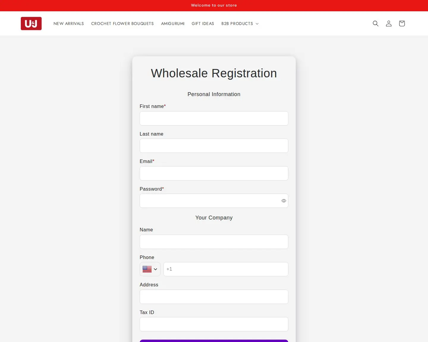 Shop U&J Wholesale Registration form with personal information and company sections including a Tax ID field