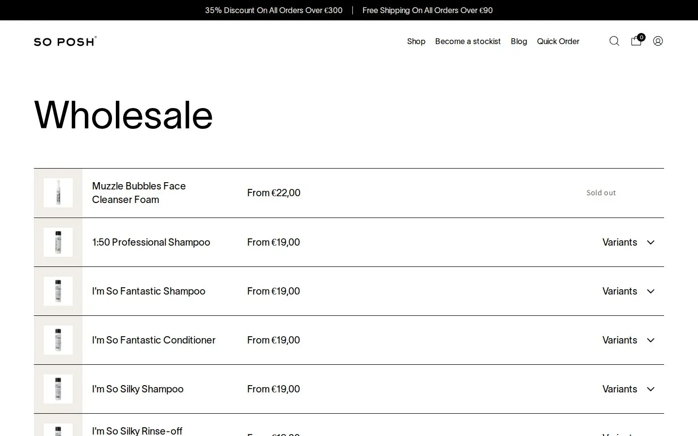 So Posh Wholesale page listing grooming products with From prices and a Variants control