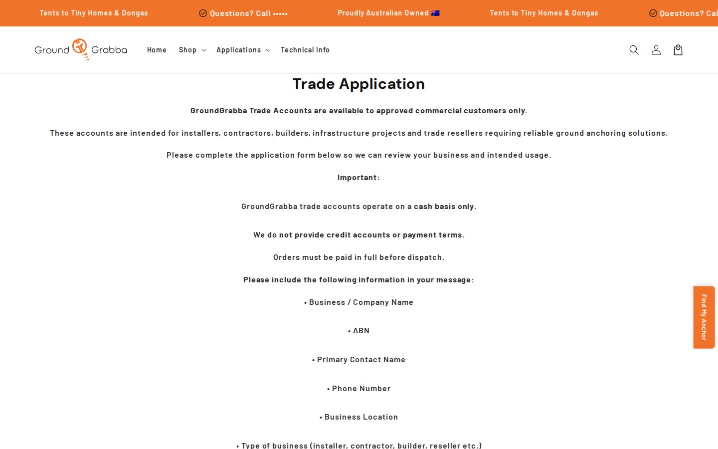 GroundGrabba Trade Application page stating that trade accounts are for approved commercial customers only