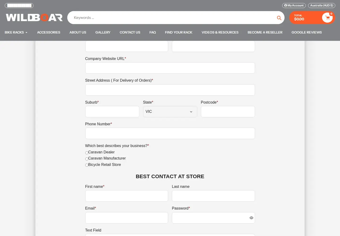 Wild Boar Become a Reseller form with company website, delivery address, state and a business type question