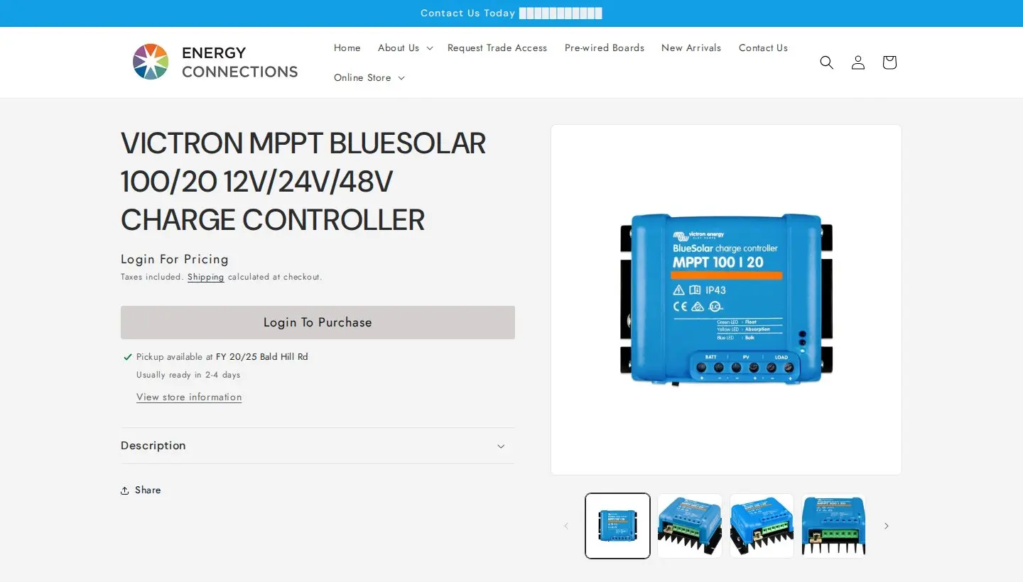Energy Connections product page for a charge controller showing Login For Pricing and a Login To Purchase button