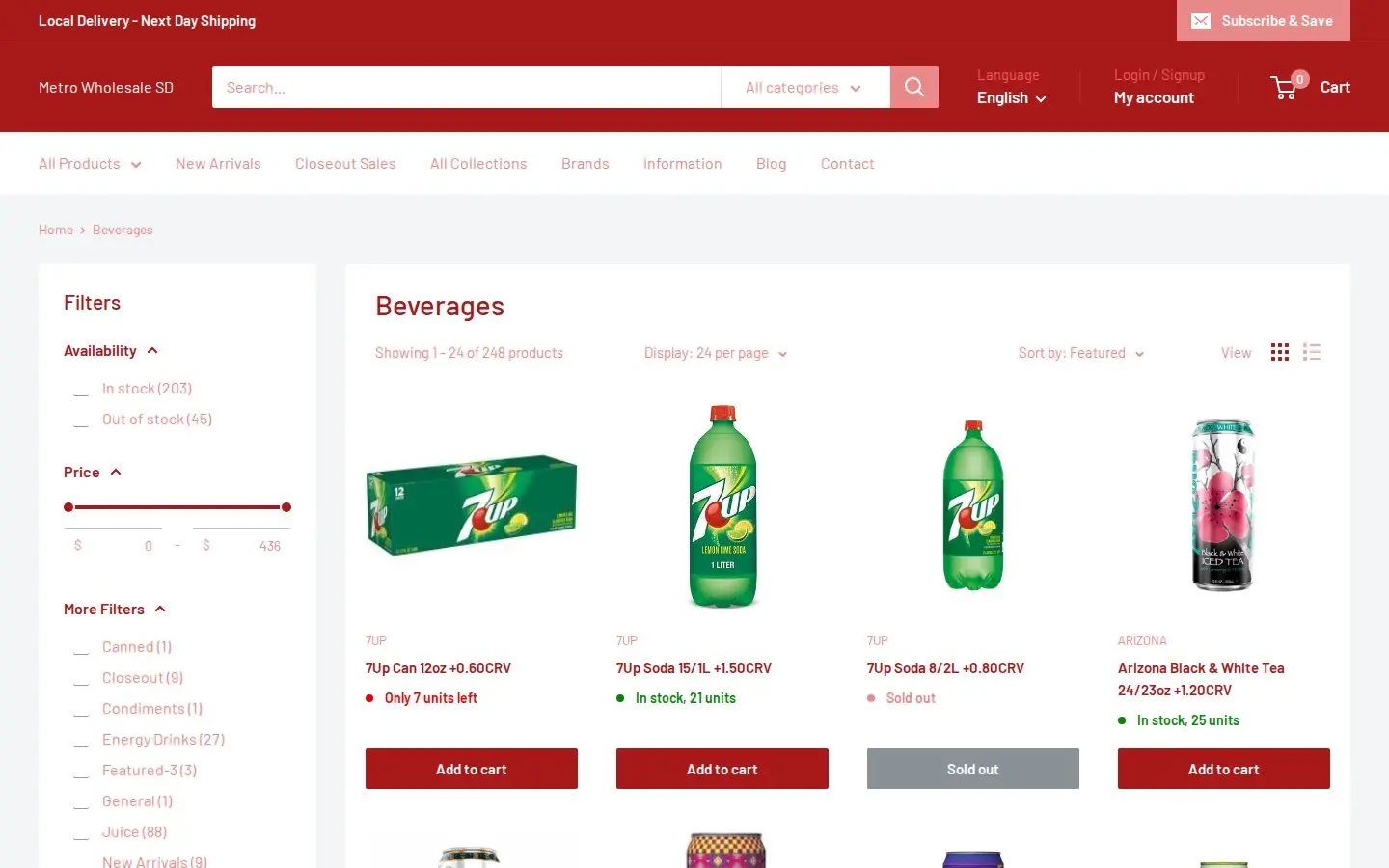 Metro Wholesale SD beverages collection with filters, case-pack product titles and Add to cart buttons