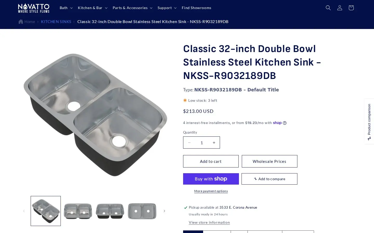 Novatto product page for a stainless steel kitchen sink with a Wholesale Prices button next to Add to cart