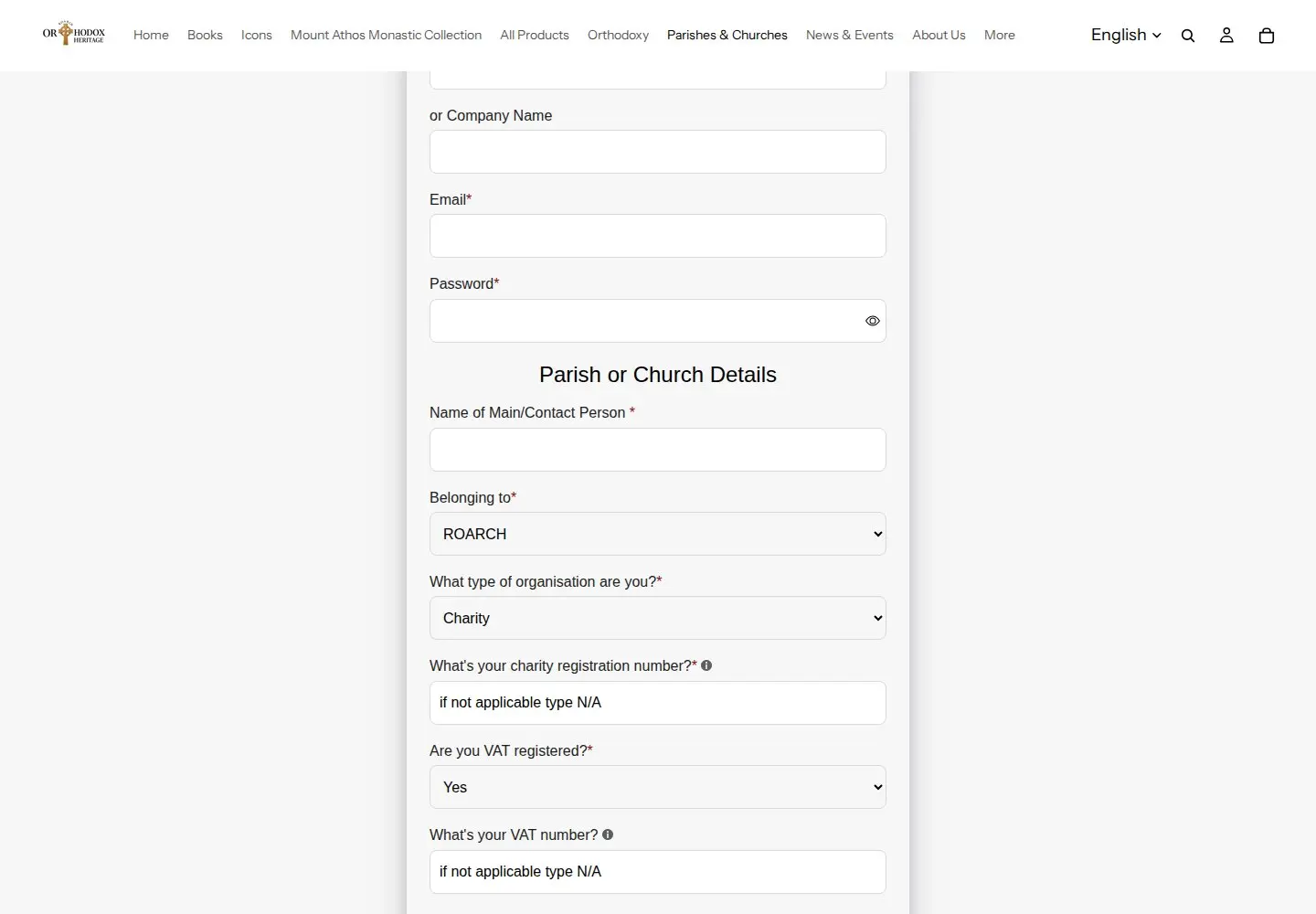 Orthodox Heritage Parish and Church Community registration form with organisation type, charity number and VAT questions