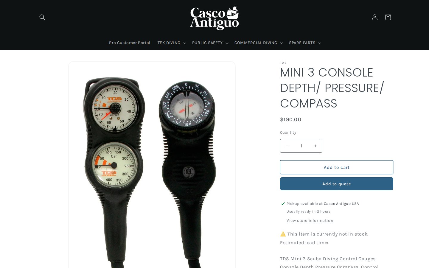 Casco Antiguo USA product page for a depth pressure compass console showing Add to cart and Add to quote buttons