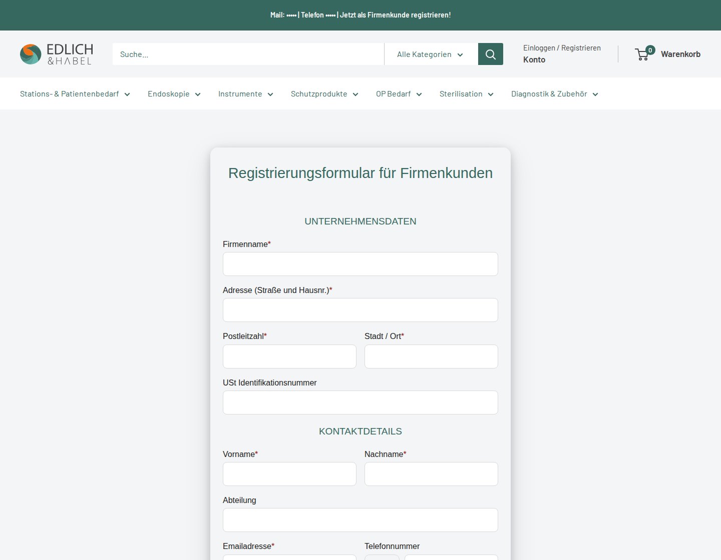 Edlich & Habel registration form for business customers with company data and contact detail fields in German