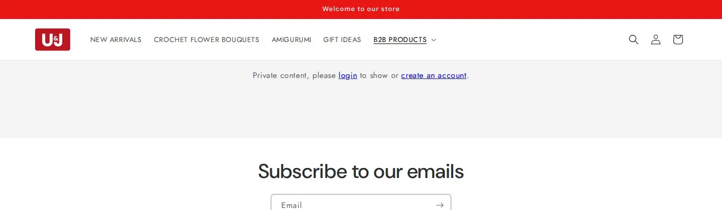 Shop U&J charms collection page showing the message Private content, please login to show or create an account