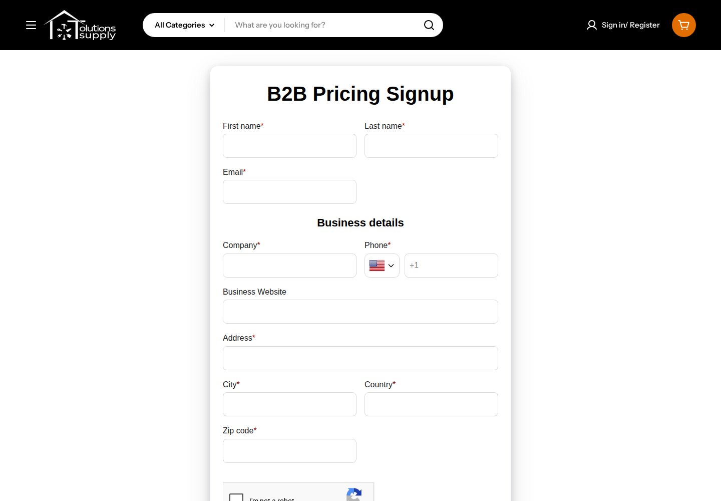 Tolutions Supply B2B Pricing Signup form with name, email and business detail fields and a captcha