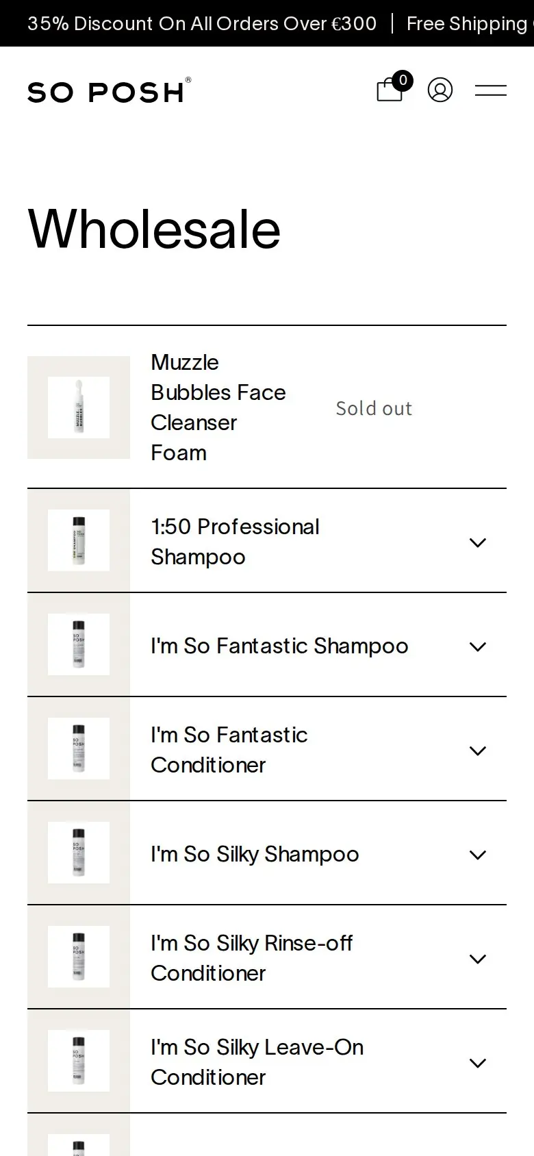 So Posh Wholesale page on a phone with product rows and variant arrows
