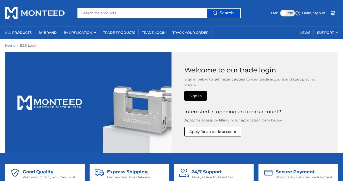 Monteed trade login page with a sign in button and an apply for a trade account button
