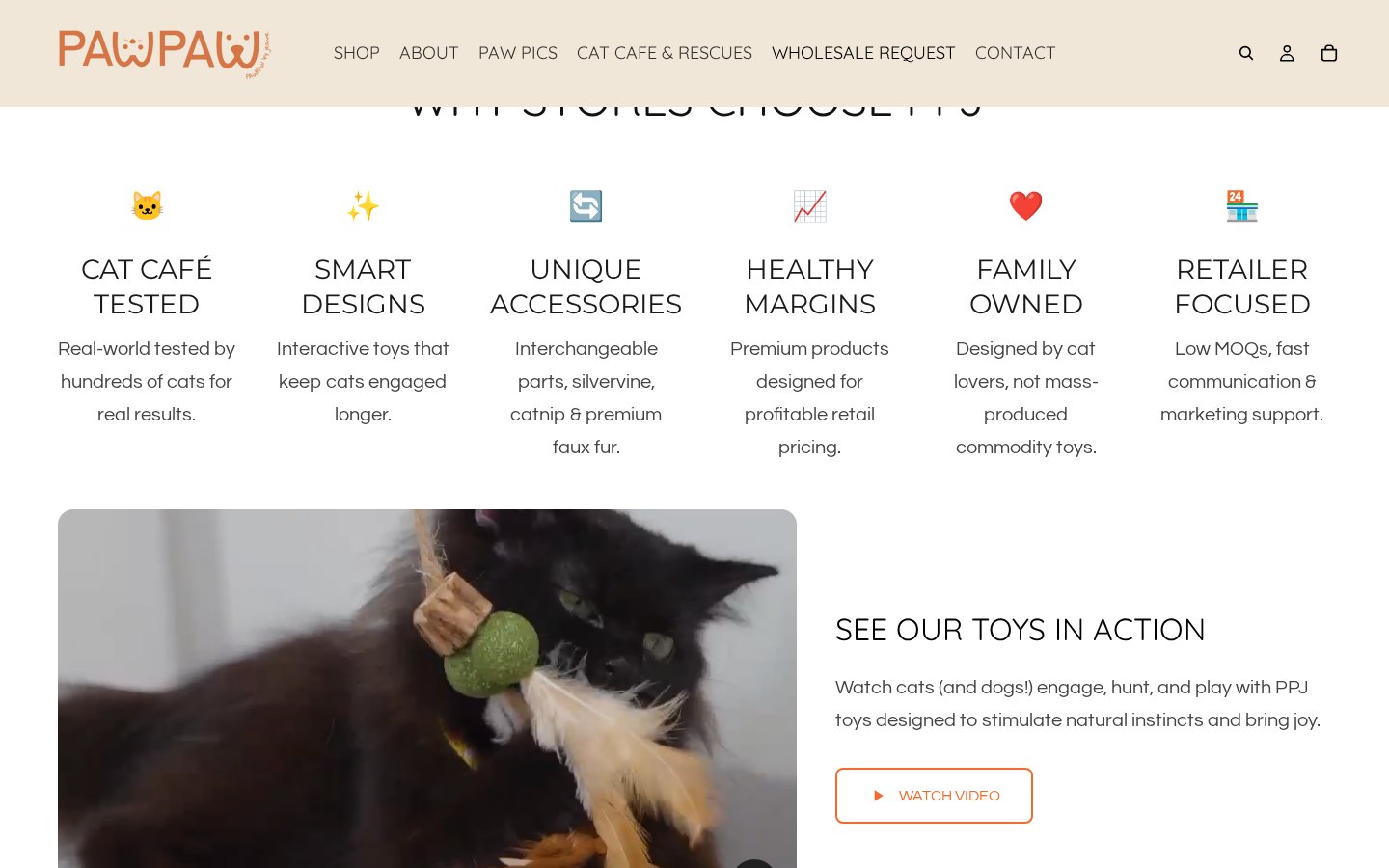 Paw Paw by Jeanne Wholesale Request page section explaining why stores choose the brand, including healthy margins and low MOQs