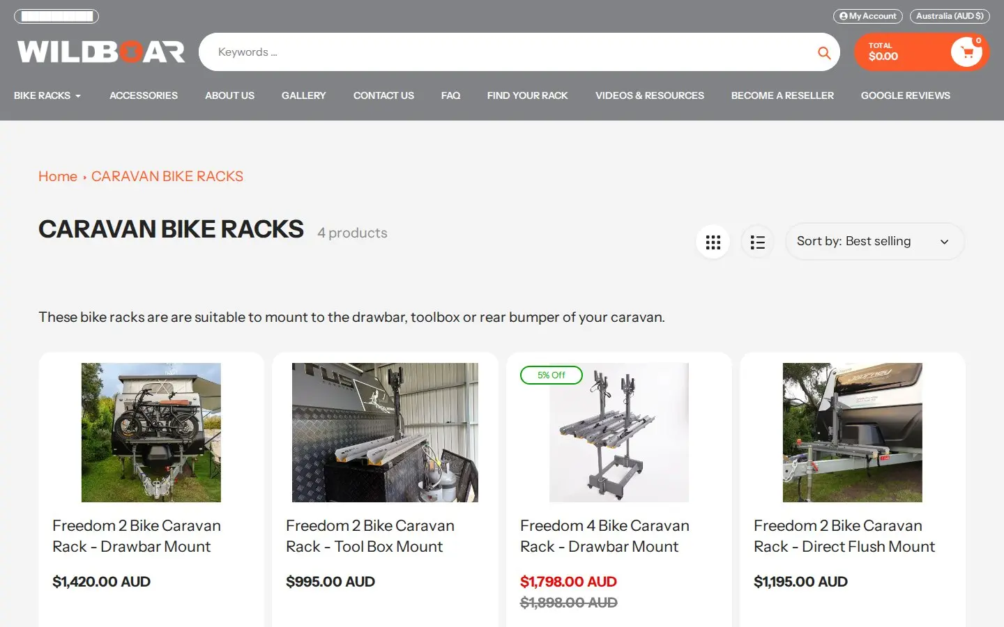 Wild Boar caravan bike racks collection with four products and public prices in Australian dollars