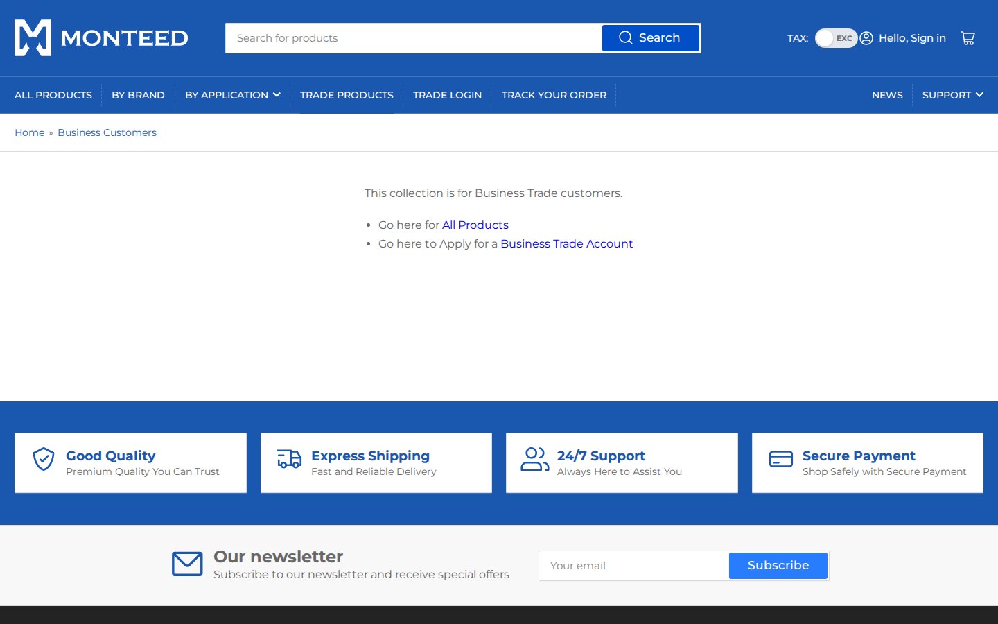 Monteed Business Customers collection page showing a message that the collection is for trade customers with links to all products and to apply for an account
