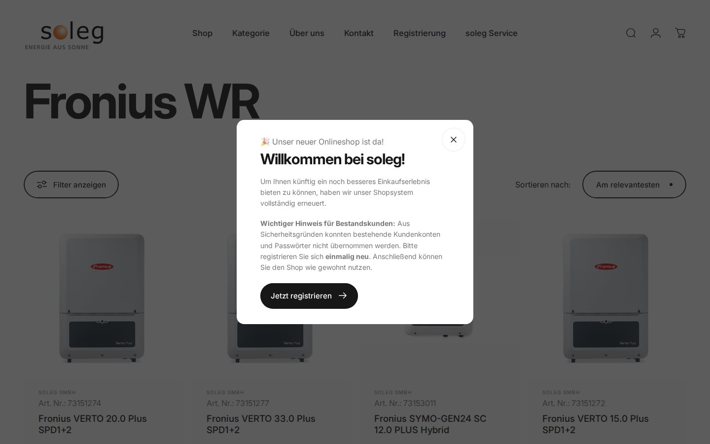 Collection page of Fronius inverters on the soleg store with a welcome dialog asking existing customers to register again