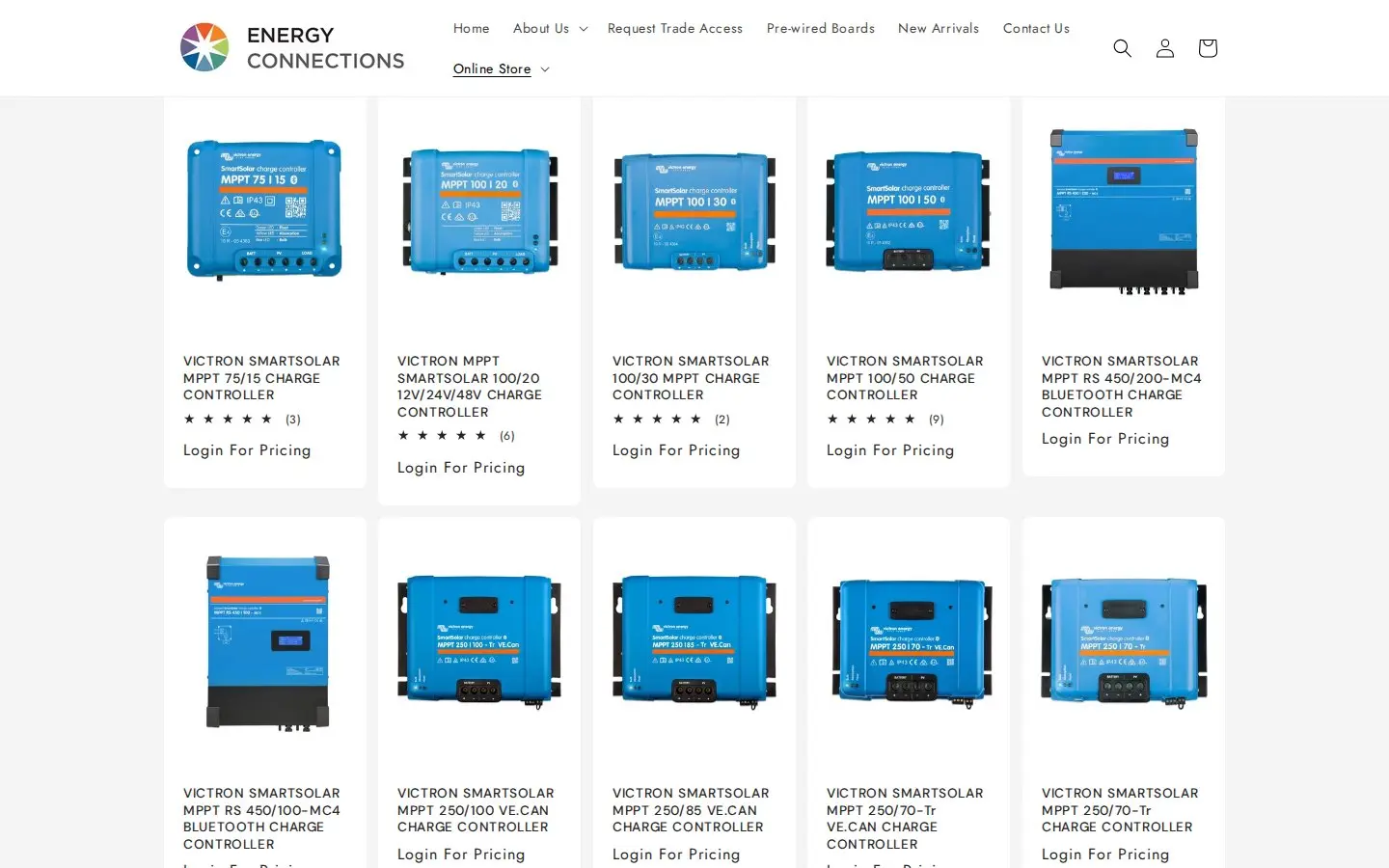 Energy Connections solar charge controllers collection where every product card shows Login For Pricing